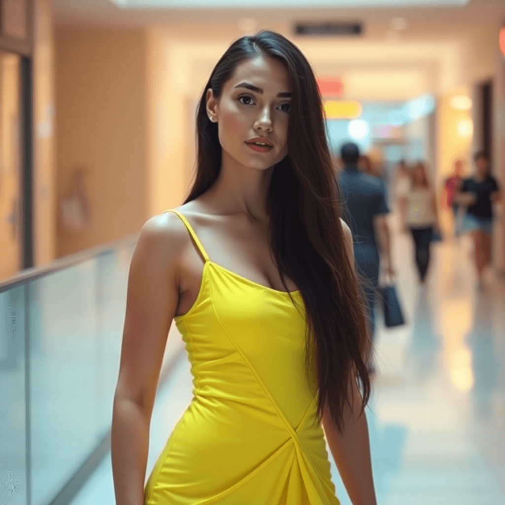 AI generated: "A woman with long dark hair, wearing a yellow sleeveless strappy dress, posing with a serene expres...