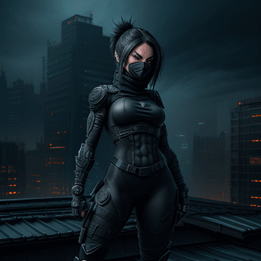 AI generated: Digital artwork, concept art, a female ninja with Mouldy Rogues logo on her chest, standing on rooft...