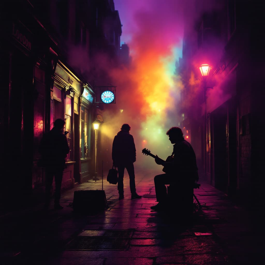 AI generated: A psychedelic vision of the London music scene at dusk in 1975, where the haze of smoke and fog from...