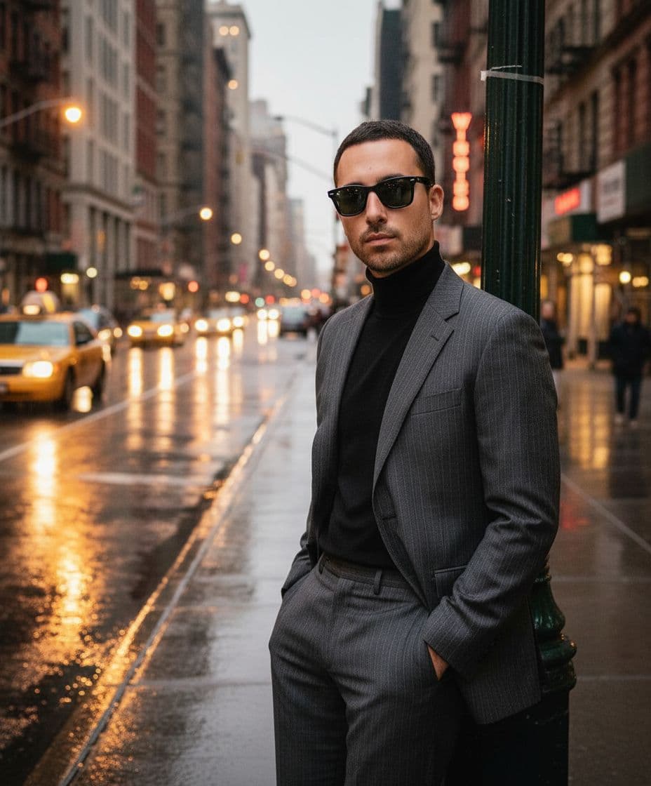 AI generated: A high-fashion Vogue-style photoshoot of a man posing confidently on a New York street at dusk. The ...