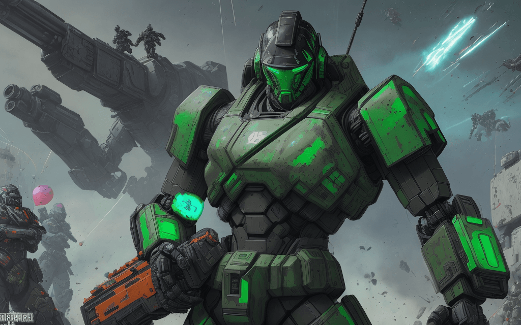 AI generated: brutal man warrior robot stands and holding a M41A Pulse Rifle in his hands, after the battle, looki...