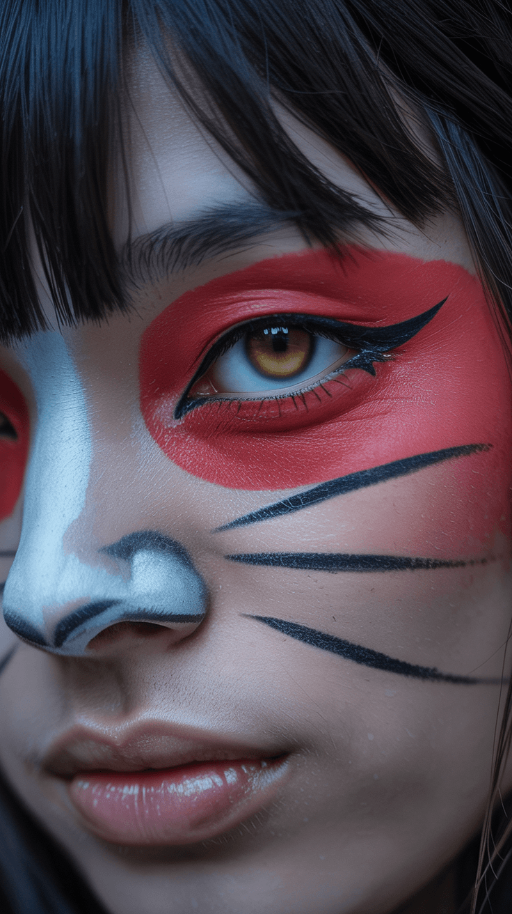 AI generated: (A japanese fashion model's face macroview with red eye makeup and a cat mask on face,canon 35 mm,ds...