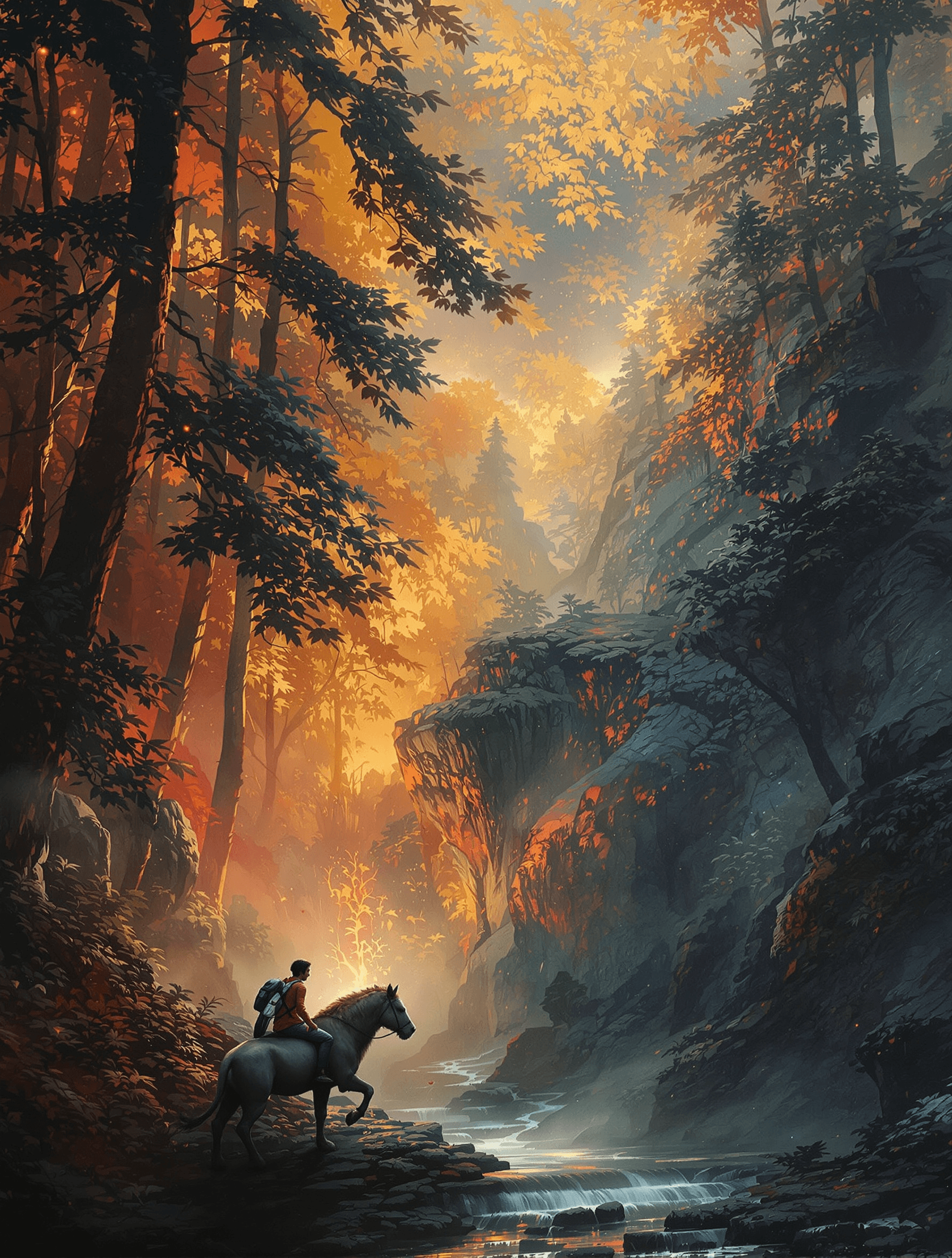 AI generated: Create an atmospheric colourful image depicting a scene from Indian mythology. In the flaming forest...