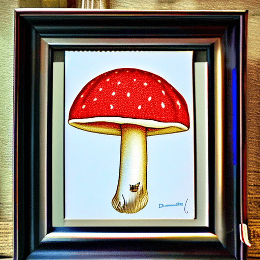 AI generated: single fly agaric mushroom::drawed on a white canvas::botanical art: --s:100