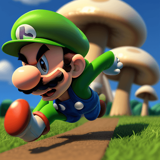 AI generated: Super-Luigi running, Mushroom Kingdom background, 32k, closeup, trending on poltcount 3D, game --v 5...