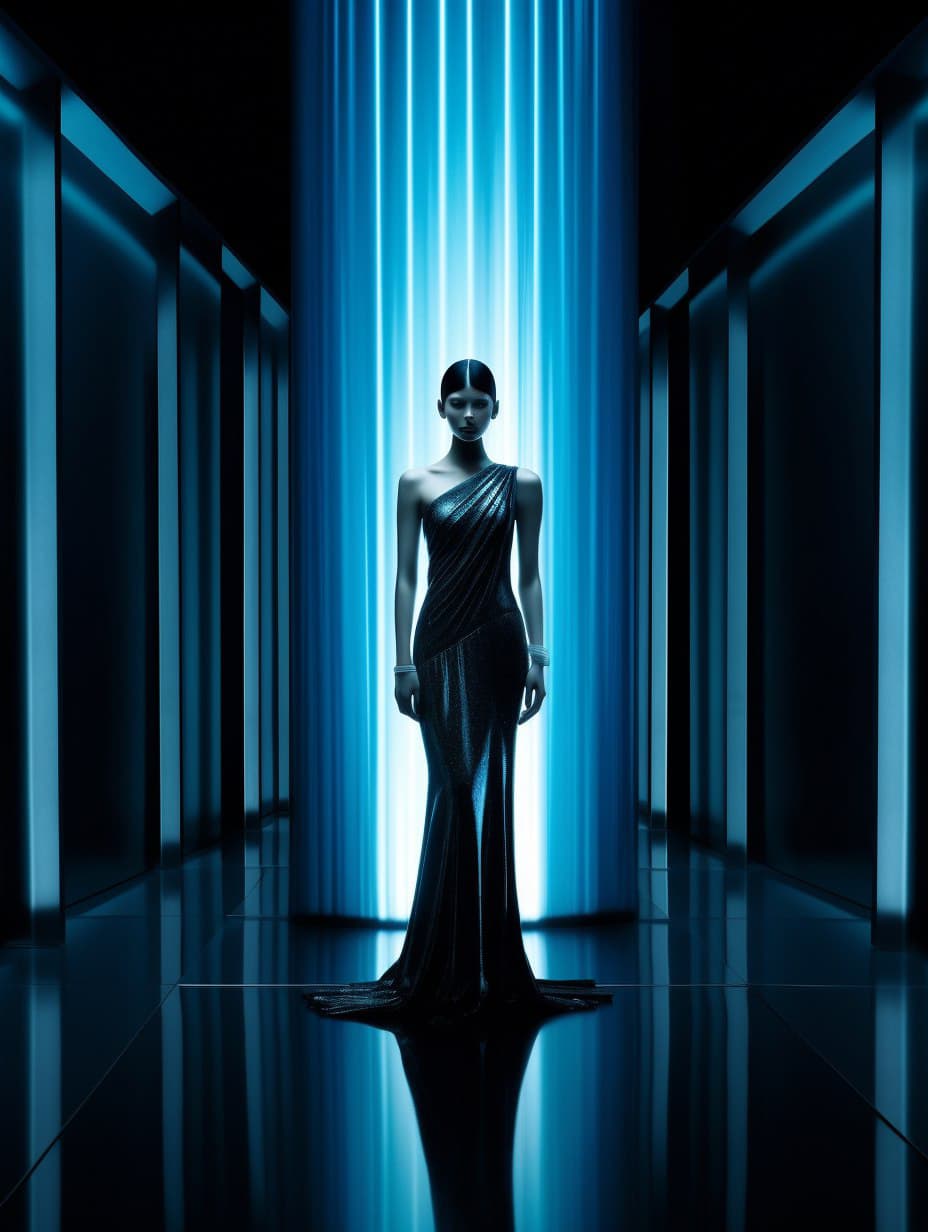 AI generated: a woman in a black dress posing for a picture, by Tadashi Nakayama, metallic cyan dress, dior campai...