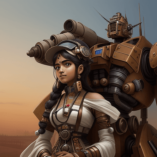 AI generated: a steampunk mecha pilot standing on the shoulder of a indian girl' wearing traditional dress| I can'...