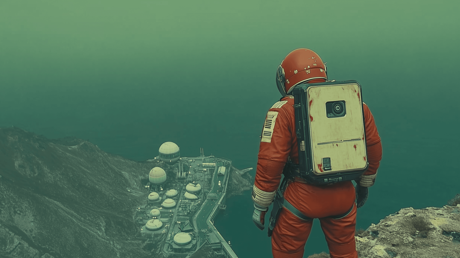 AI generated: 70s book art of an alien spaceport, on the ground is a red and white uniformed soldier with his hand...