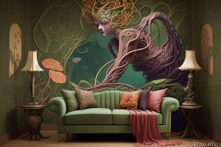 AI generated: a photography of Art nouveau sculpture of a monster in a technicolor living room. Victo Ngai style, ...