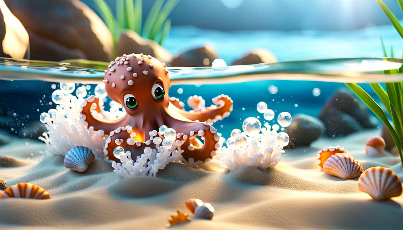 AI generated: insanely detailed cinematic digital painting, cute octopus , floating on sea stormy waves and low po...