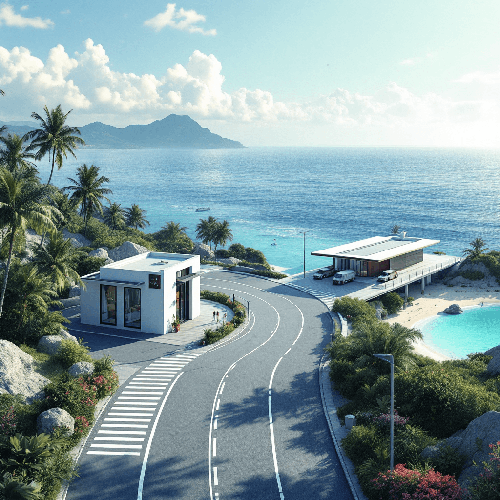 AI generated: a small modern passenger ferry terminal development on a tropical coastline, there are two small con...