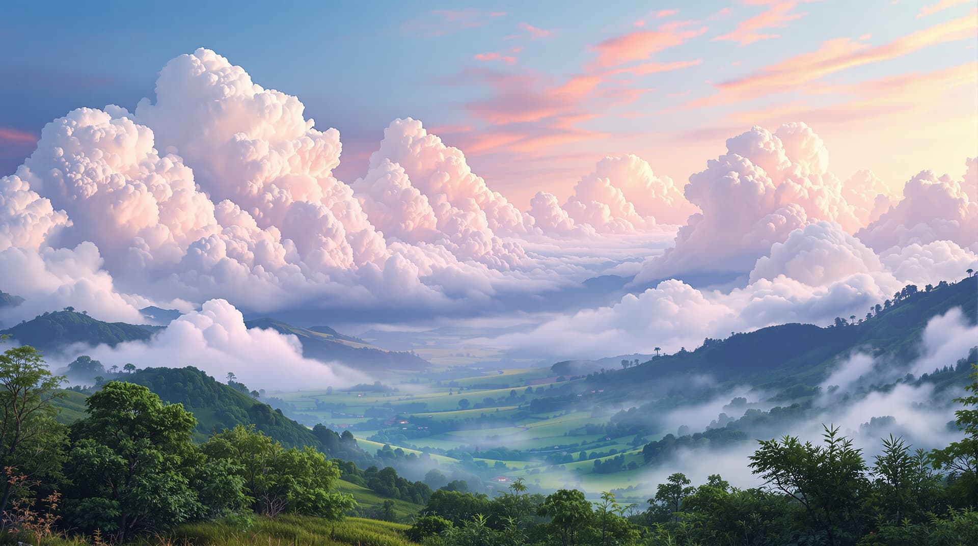 AI generated: A breathtaking surrealism valley landscape, where white clouds graduate into soft hues, greets the v...