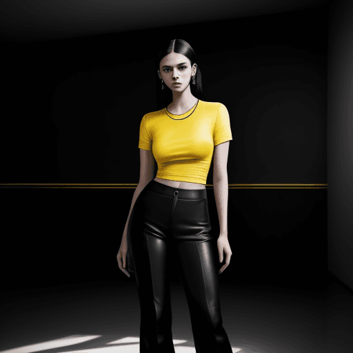 AI generated: The image features a woman wearing a black shirt and yellow pants, standing in a room for fashion ma...