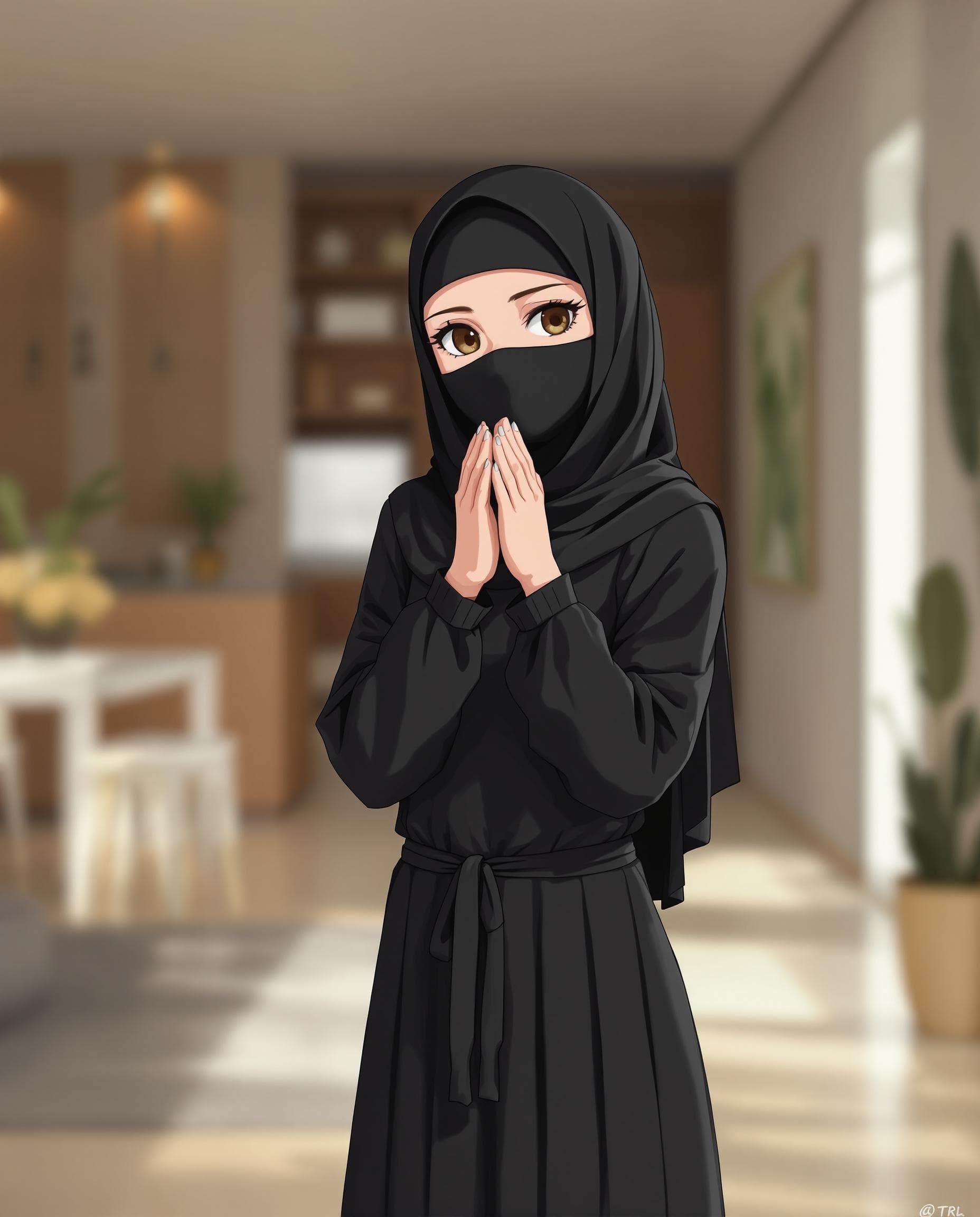 AI generated: anime of a girl, wearing a black hijab with the covering face like a Arabian woman in black clothes,...