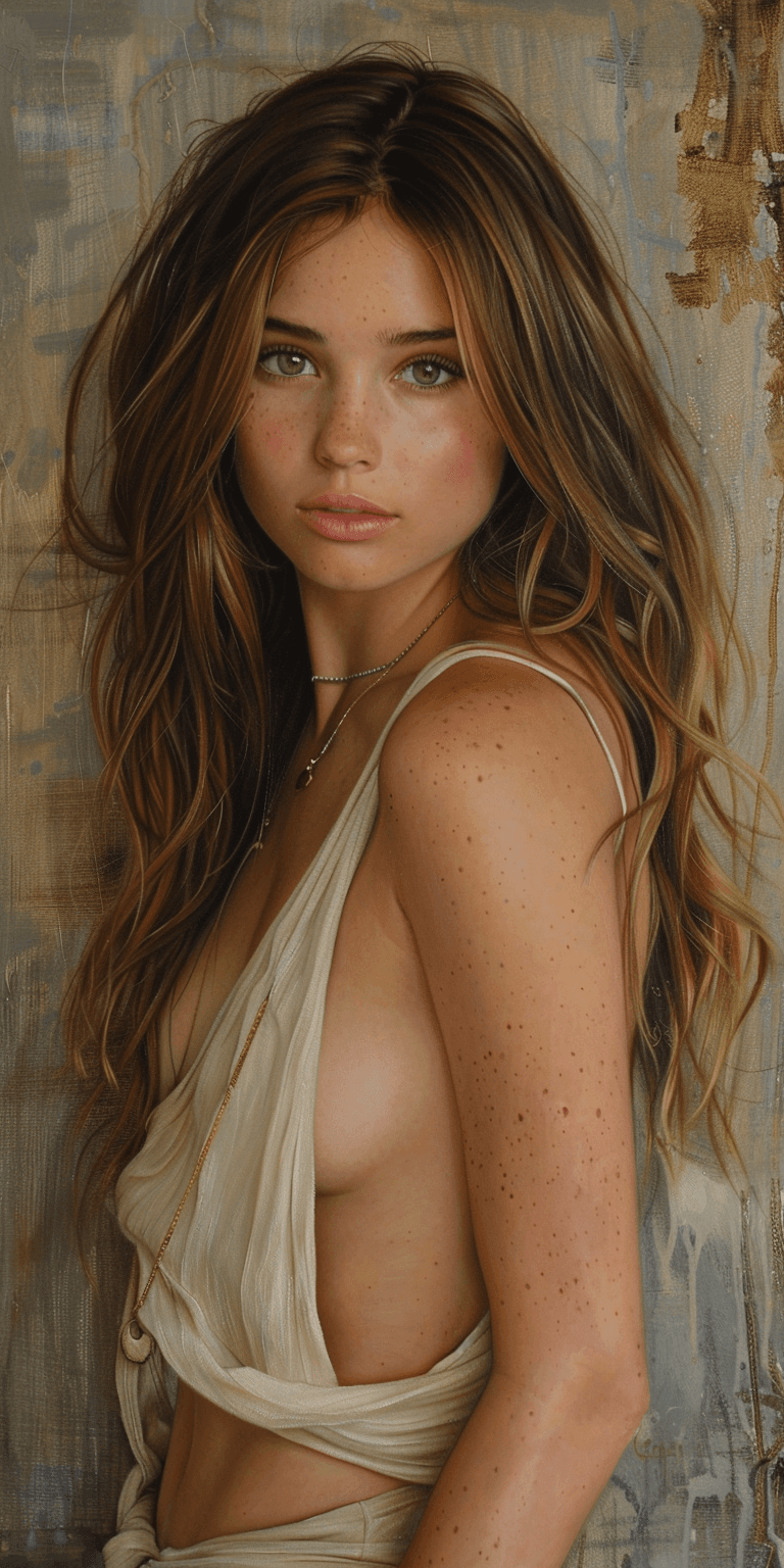 AI generated: celebrity portrait painting of a beautiful woman with long light brown hair, wearing a backless outf...