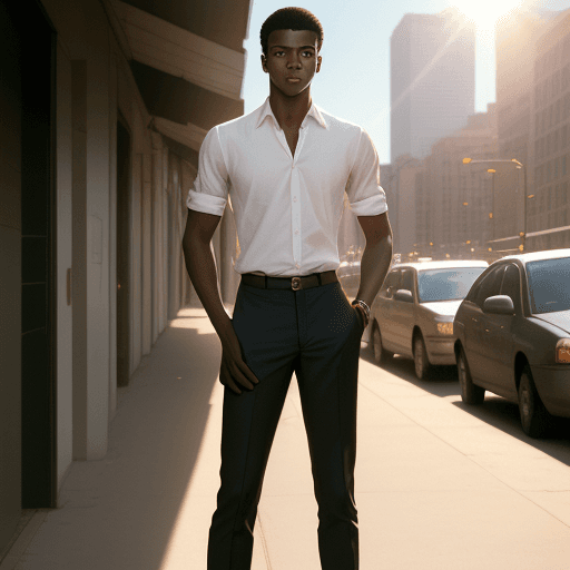 AI generated: A young man in the city, late afternoon, standing, ((full length)), handsome, muscular, , no jewelry...