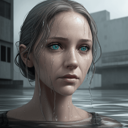 AI generated: the face of woman with beautiful grey eyes, in water, in the style of dystopian realism, realistic p...