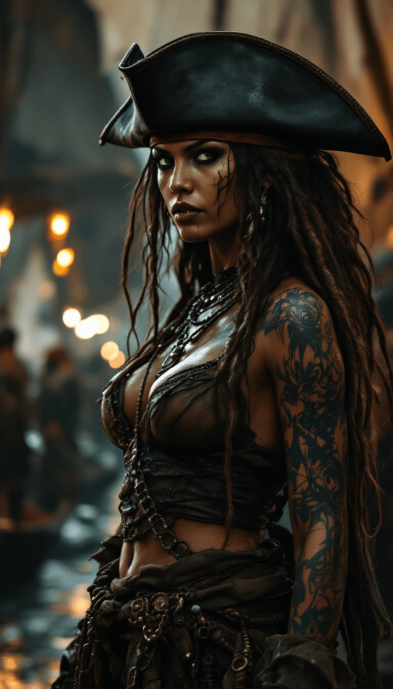 AI generated: A commanding Native Caribbean pirate captain stands tall amidst the Pirate City of Lost Ships, her f...