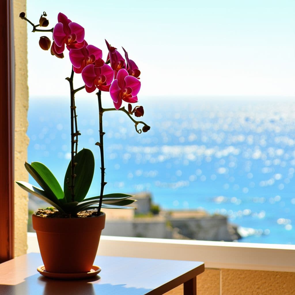 AI generated: A pot of red orchids sitting on a table aside from a window looking over the ocean on a sunny mornin...