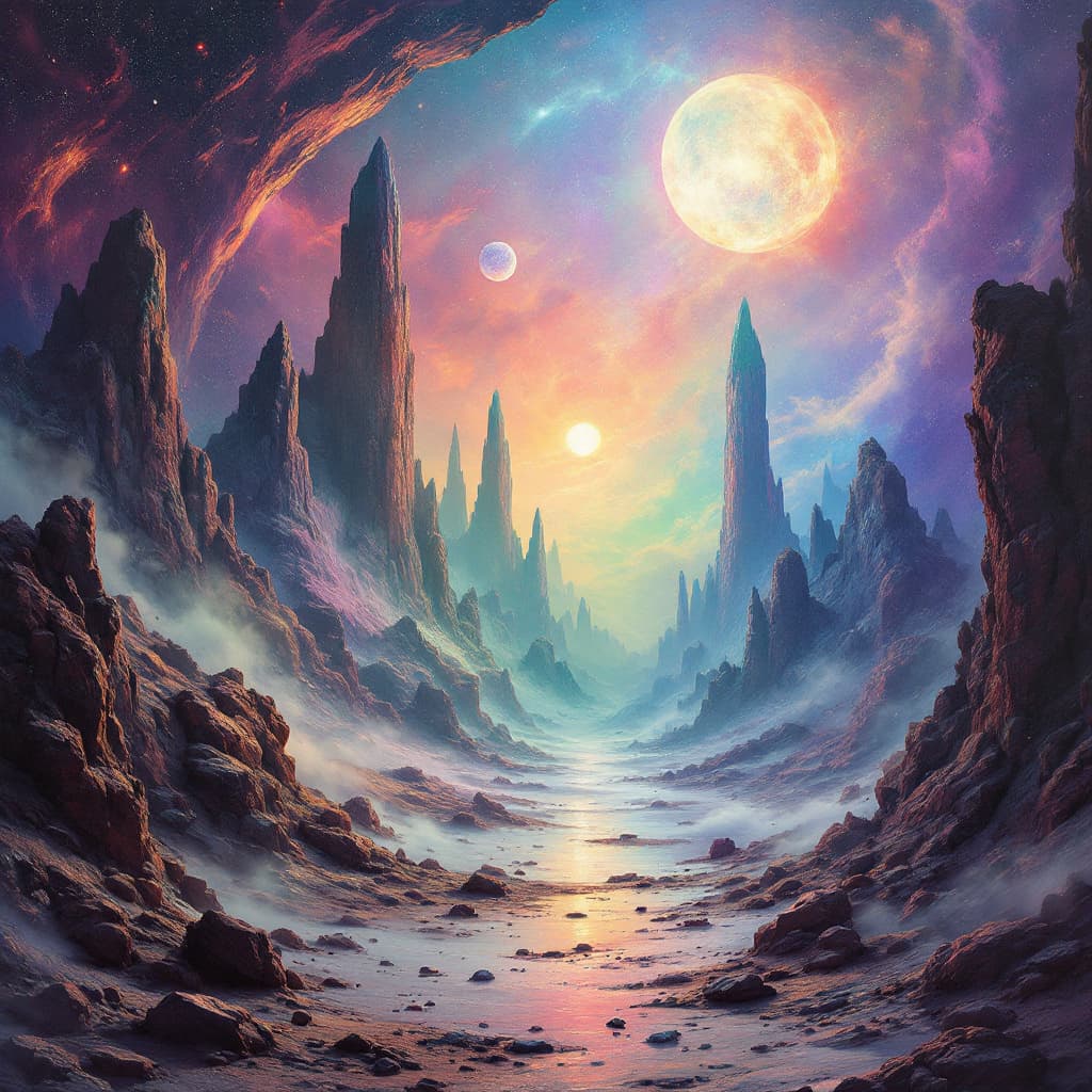 AI generated: epic alien  landscape ,fantasy, scifi,by jean ansell and greg rutkowski,coloured mist,rainbowcoloure...