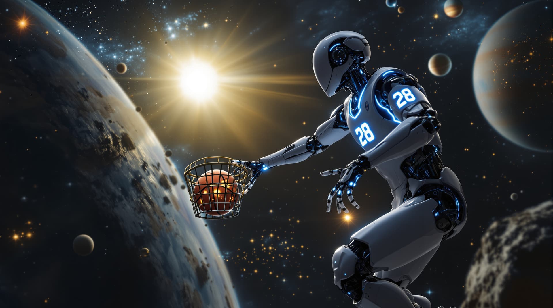 AI generated:  Une scène futuriste met en scène une figurine robotique humanoïde se lançant vers un panier de bask...