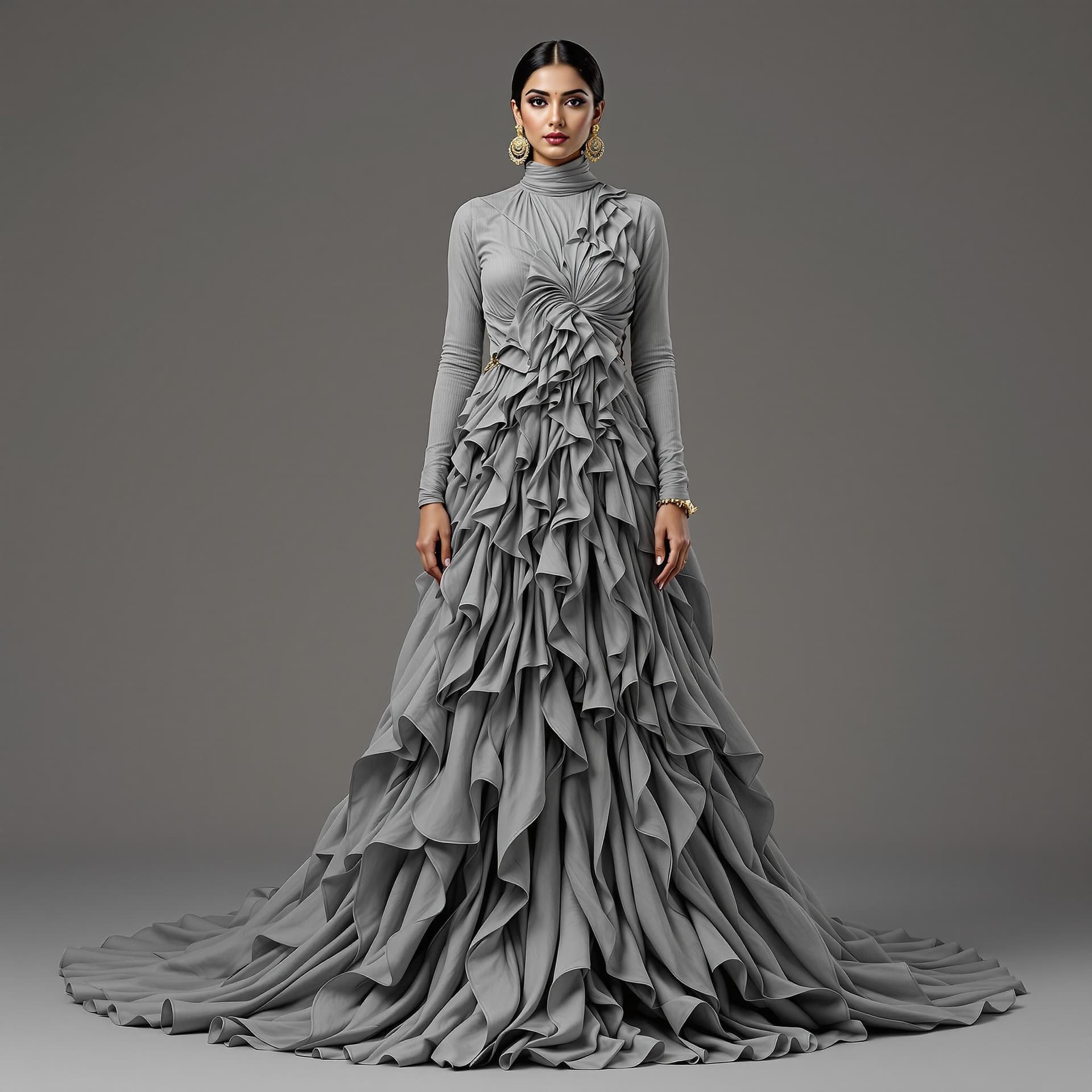 AI generated: The image is a full-length portrait of an Indian woman in a flowing grey dress. The dress features a...