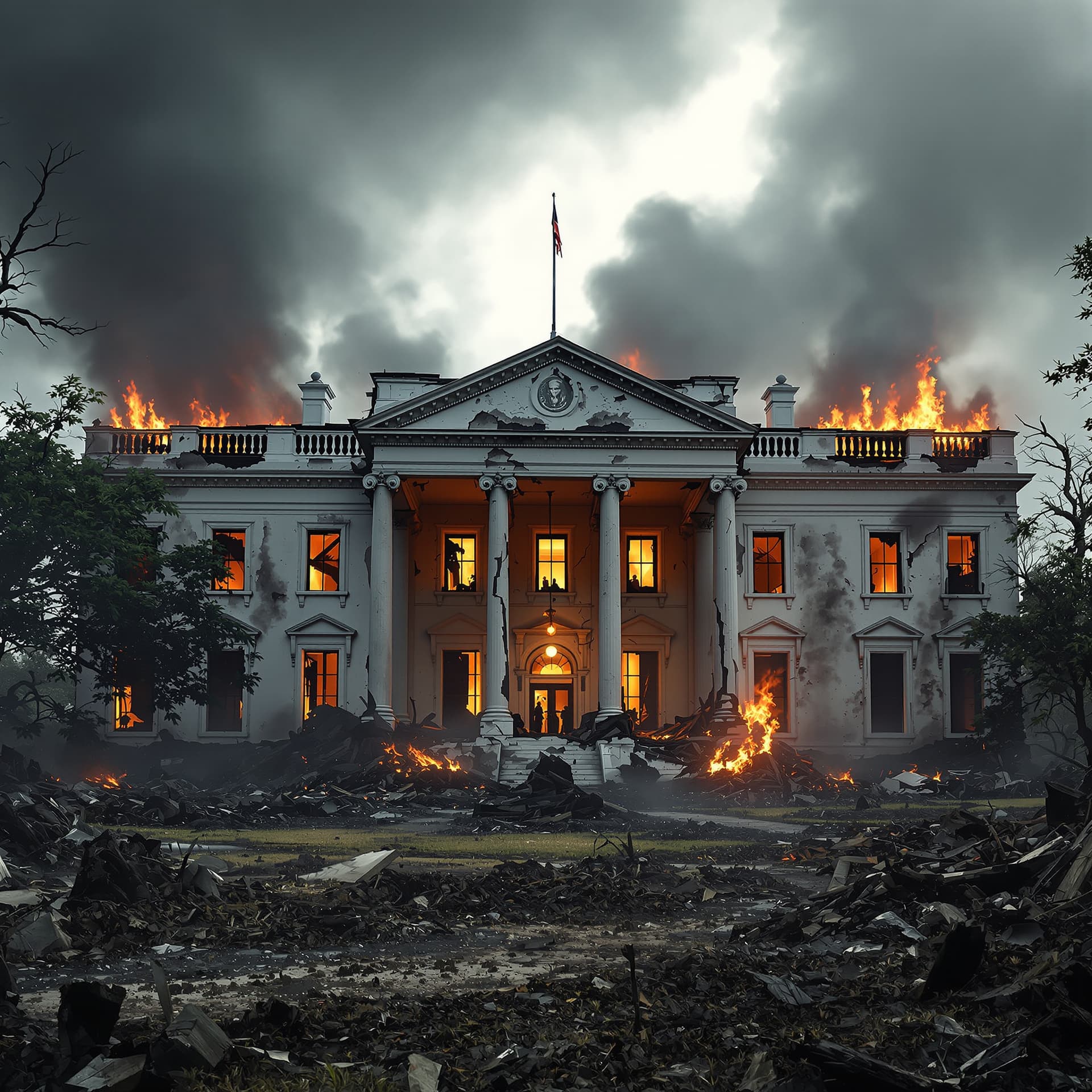 AI generated: front view of a post world war 3 presidential white house destroyed with walls missing, THE BUILDING...