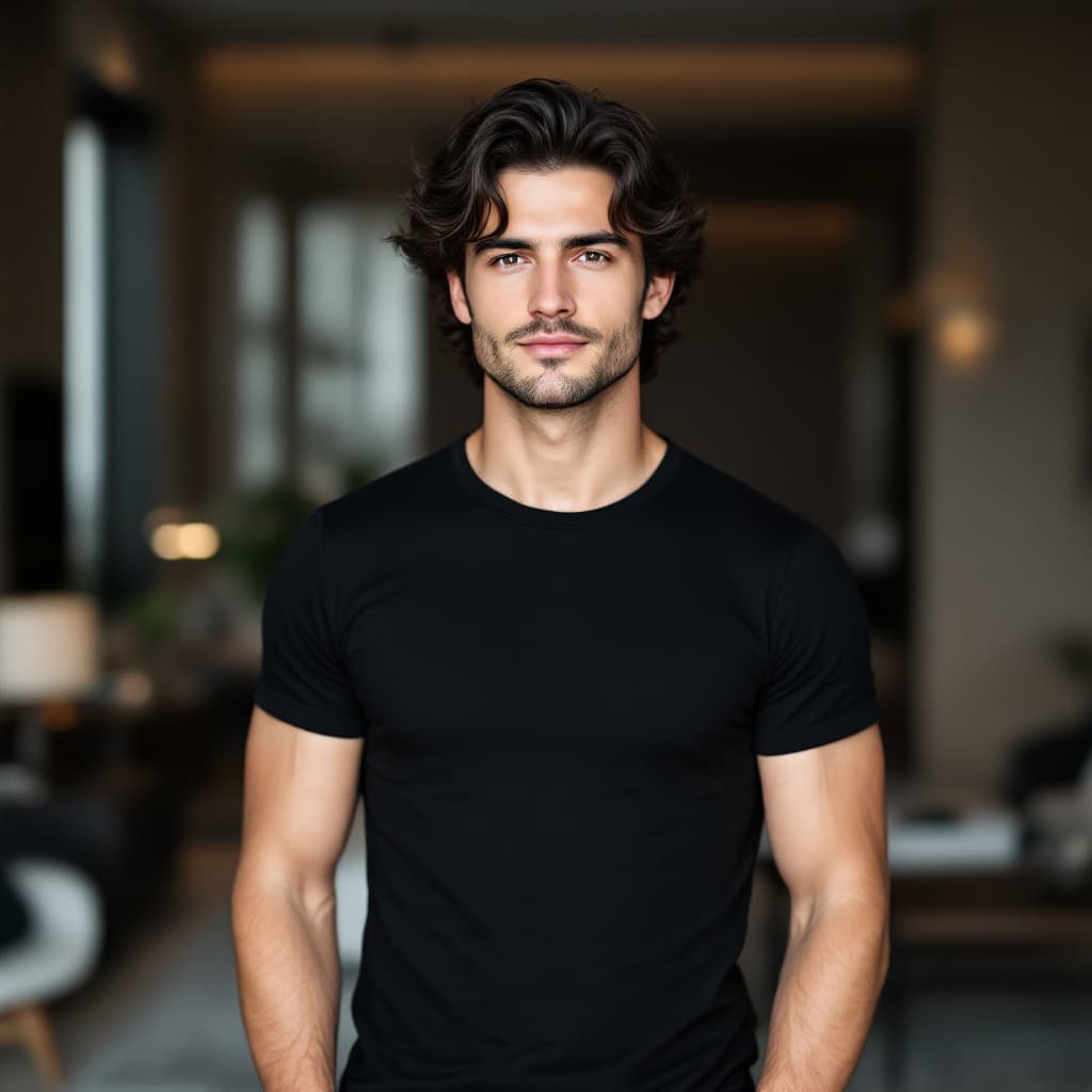 AI generated: Head-and-shoulders image of a 25-year-old white American man, dark wavy hair, neutral face, wearing ...