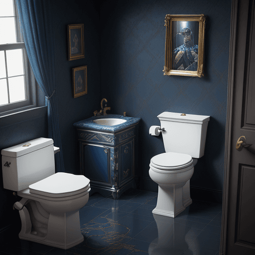 AI generated: Toilet on the room with the design and character of batman The toilet is gold and Blue dark, no wate...