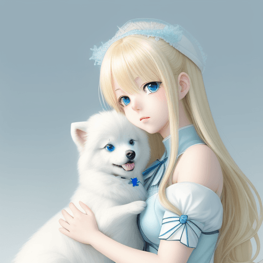 AI generated: young blonde girl snuggle of a white Pomerania dog, in the style of pixiv anime art, light azure and...