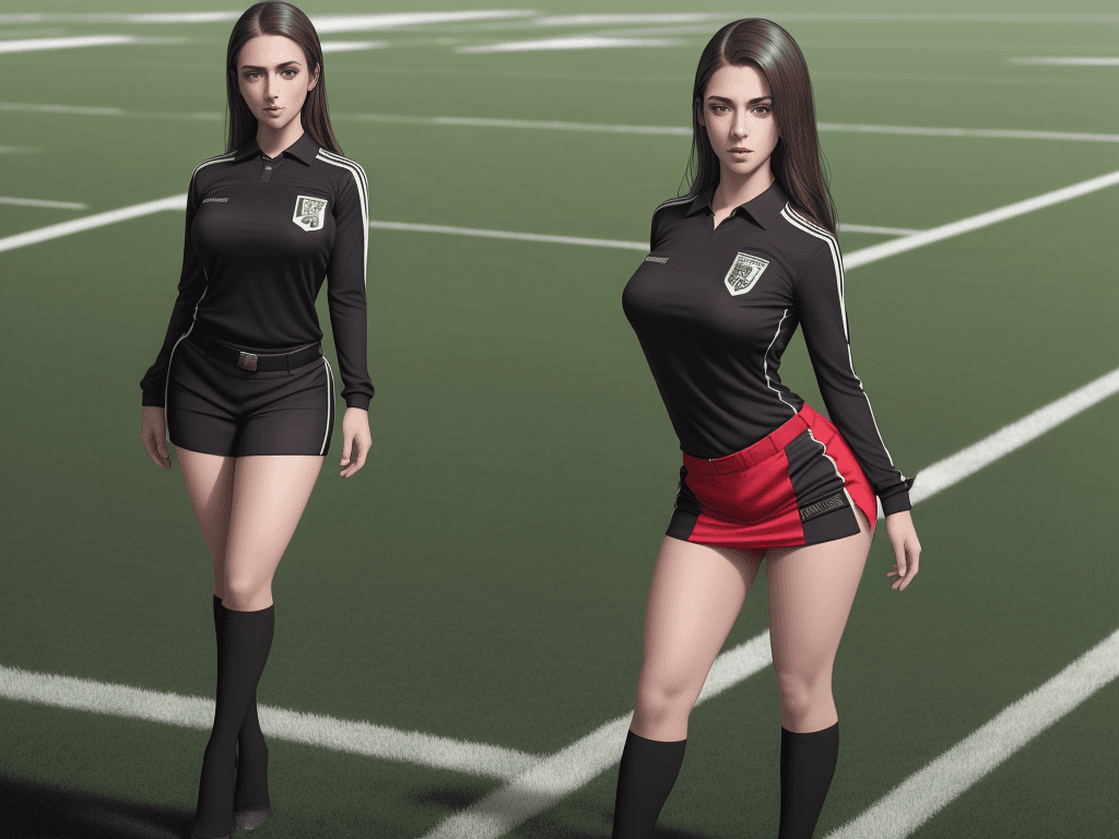 AI generated: (((gorgeous female) )), dressed as football referee, attractive, ((flirting) ), standing on football...