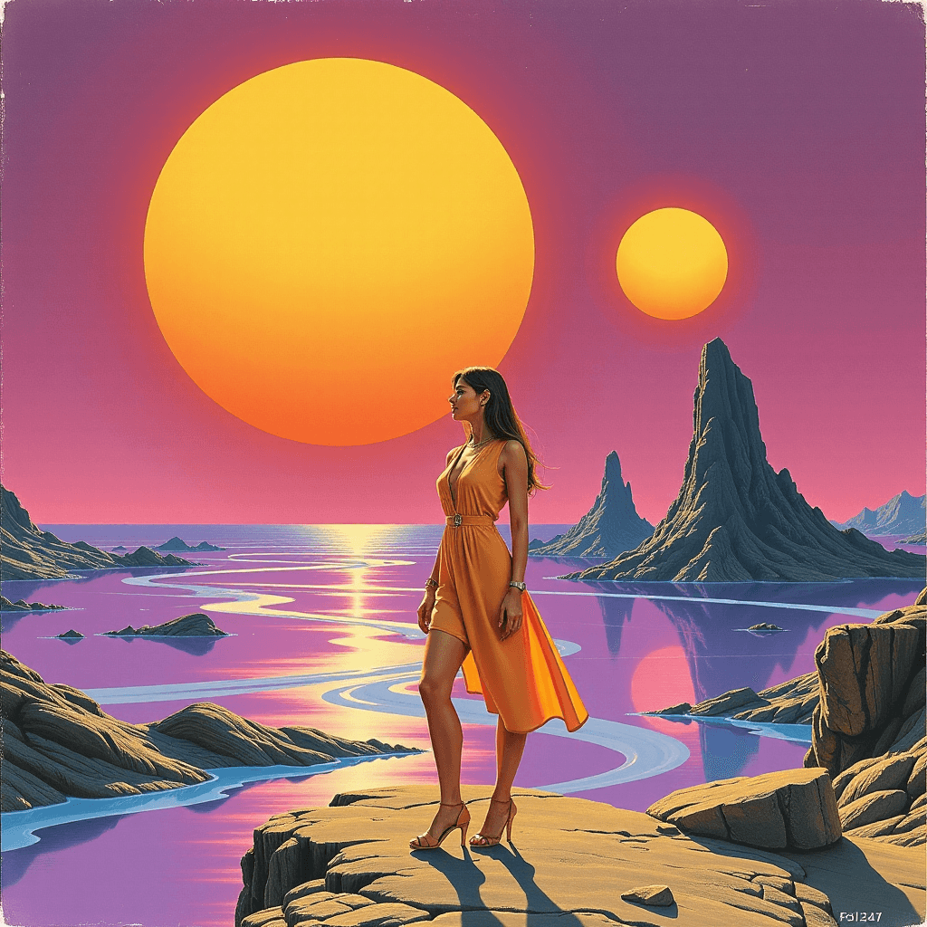 AI generated: A vintage 1970s sci-fi book cover art, airbrushed style. A woman in retro-futuristic clothing stands...