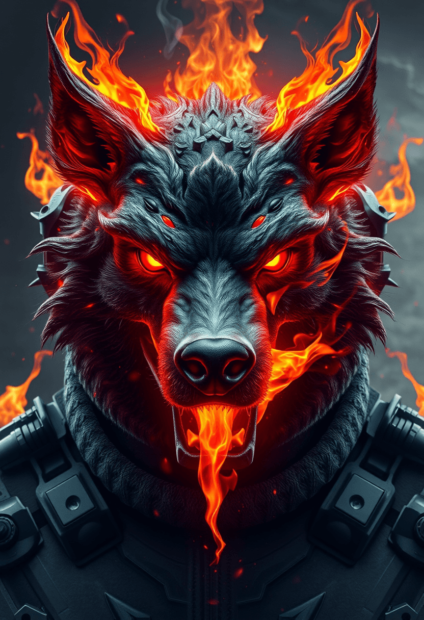 AI generated: an human with ademon dog face, firebreathing grissley bear, and background twin towewr burning, high...