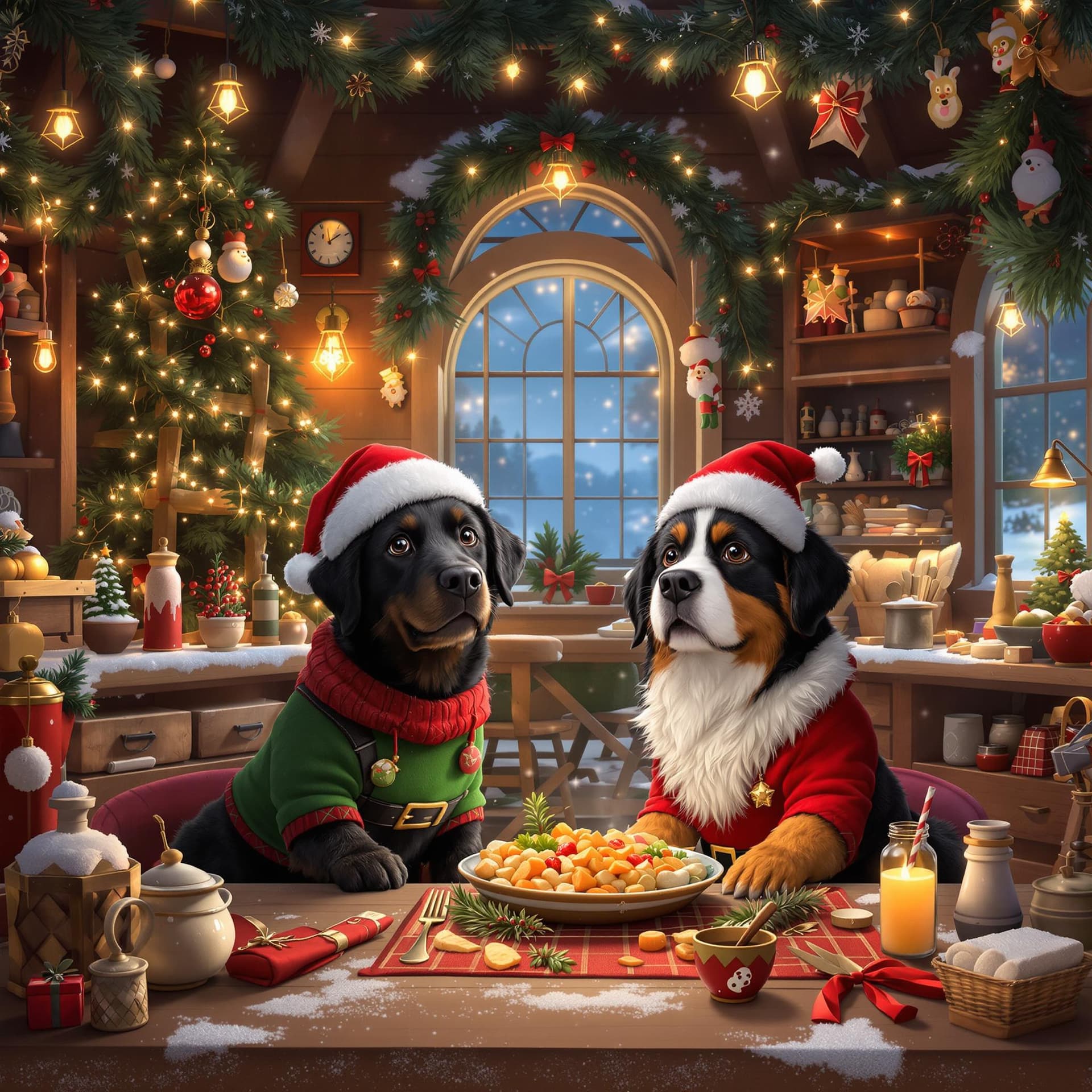AI generated: A cozy and magical scene in Santa's workshop, featuring an all  black labrador puppy and a Bernese M...