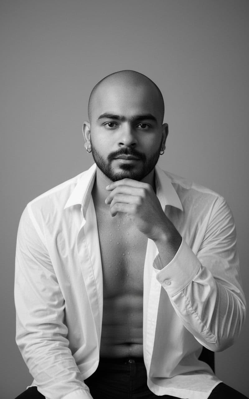 AI generated: Black and white fine art portrait of a stylish young man with a lean, toned physique (around 57 kg, ...