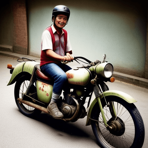 AI generated: make me a picture of an old motorbike, on the motorbike there is a picture of a key, there is a ribb...