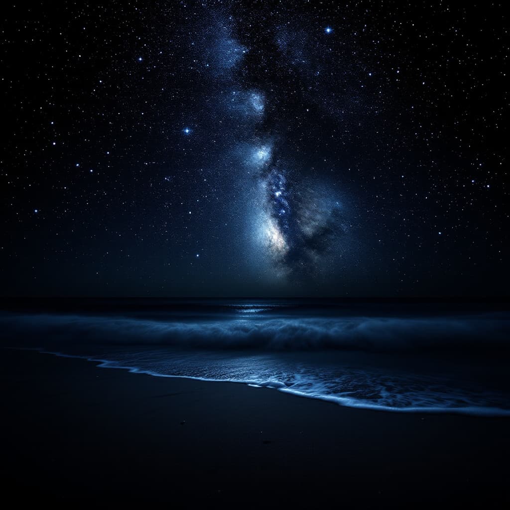 AI generated: The starry sky shines on the beach, with dark gray sand and shallow water in front of it. The Milky ...