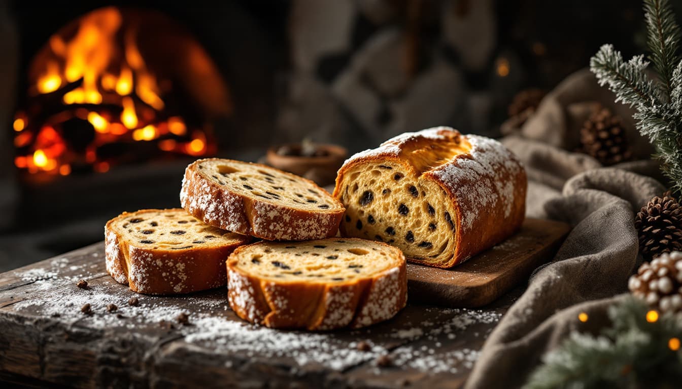 AI generated: Still life with traditional Christmas stollen bread, black and gold color palette, wood-burning oven...