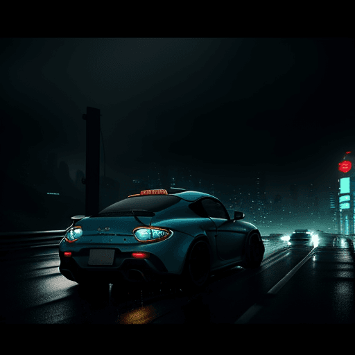 AI generated: a alpine a110 car in motion (((at night))), high speed, ((motion blur)), movie action scene, (((Need...
