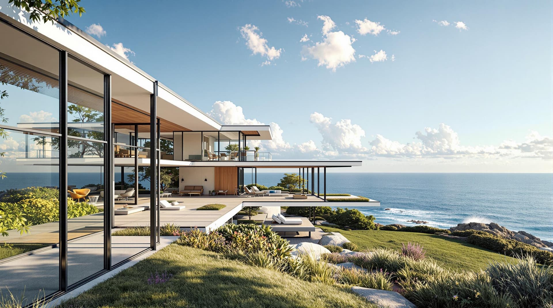 AI generated: Hyper realistic eye level exterior photo of a mid century modern style house overlooking the ocean, ...
