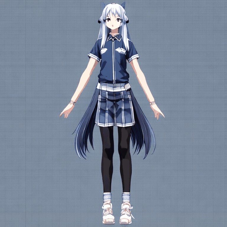 AI generated: anatomically correct, full body t-pose view of anime style wolf girl with dark Chambray blue and whi...