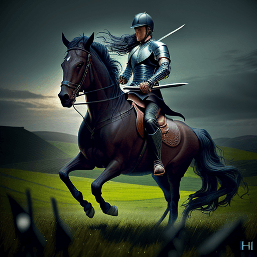 AI generated: A dark horse rider with a sword in a field, cinemátic photography, HD 4K, realistic style, cold colo...