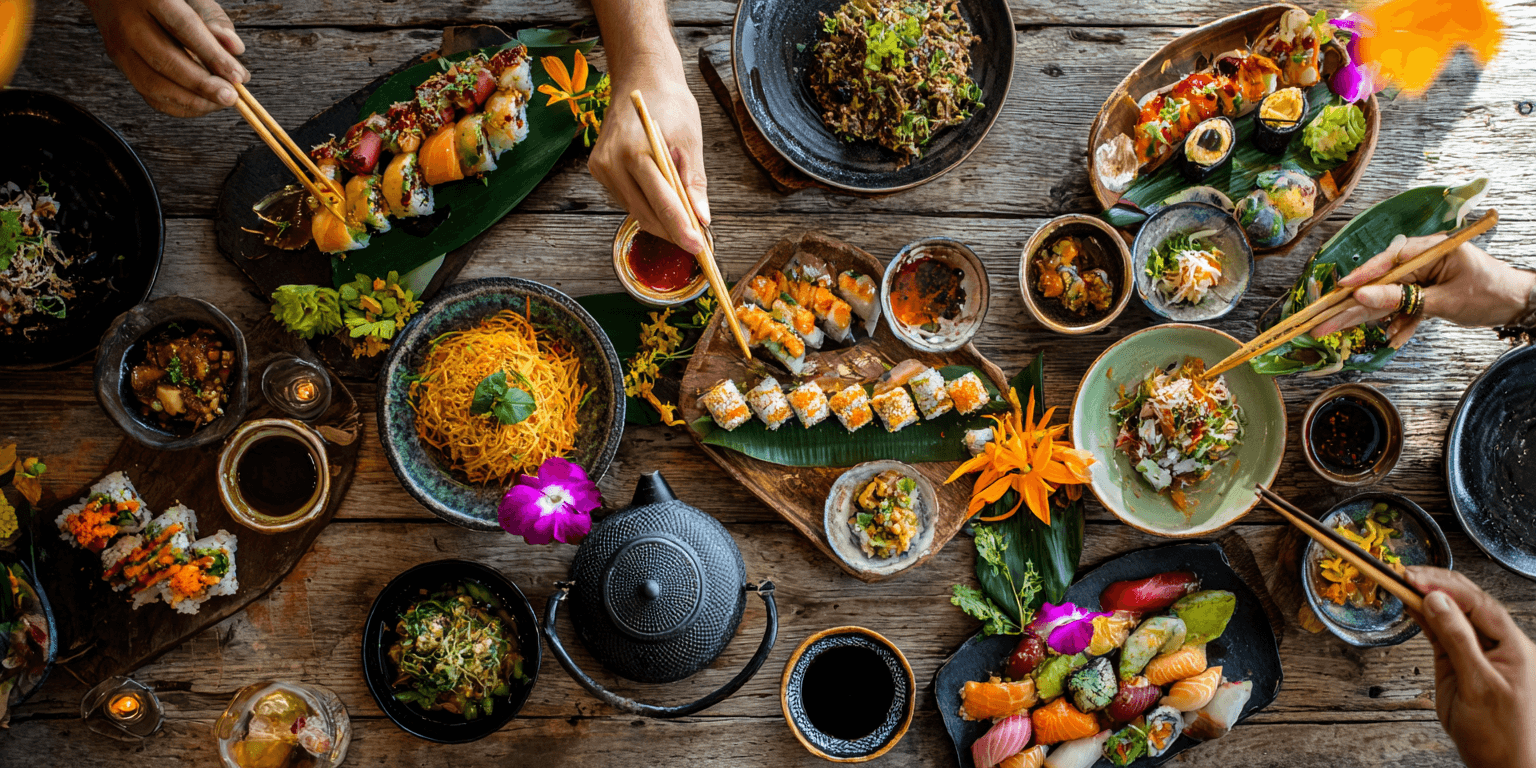AI generated: High-angle, full shot of a dining table laden with various Asian dishes,  featuring a variety of sus...
