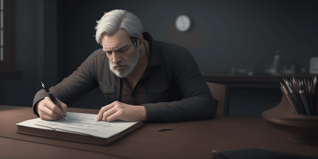 AI generated: A man who can't find his pen, reality , 8k , hd , simulation world , fantastic , future