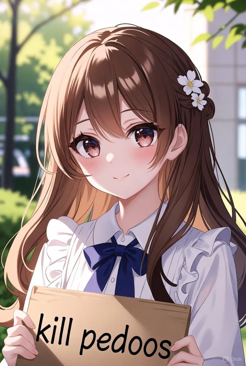 AI generated: (anime art of a cute girl holding a sign that says "kill pedoos":1.2), masterpiece, 4k, best quality...