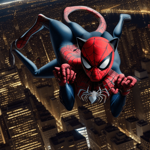AI generated: the amazing spidercat, superhero, cat dressed in spiderman costume flying over new york city with hi...