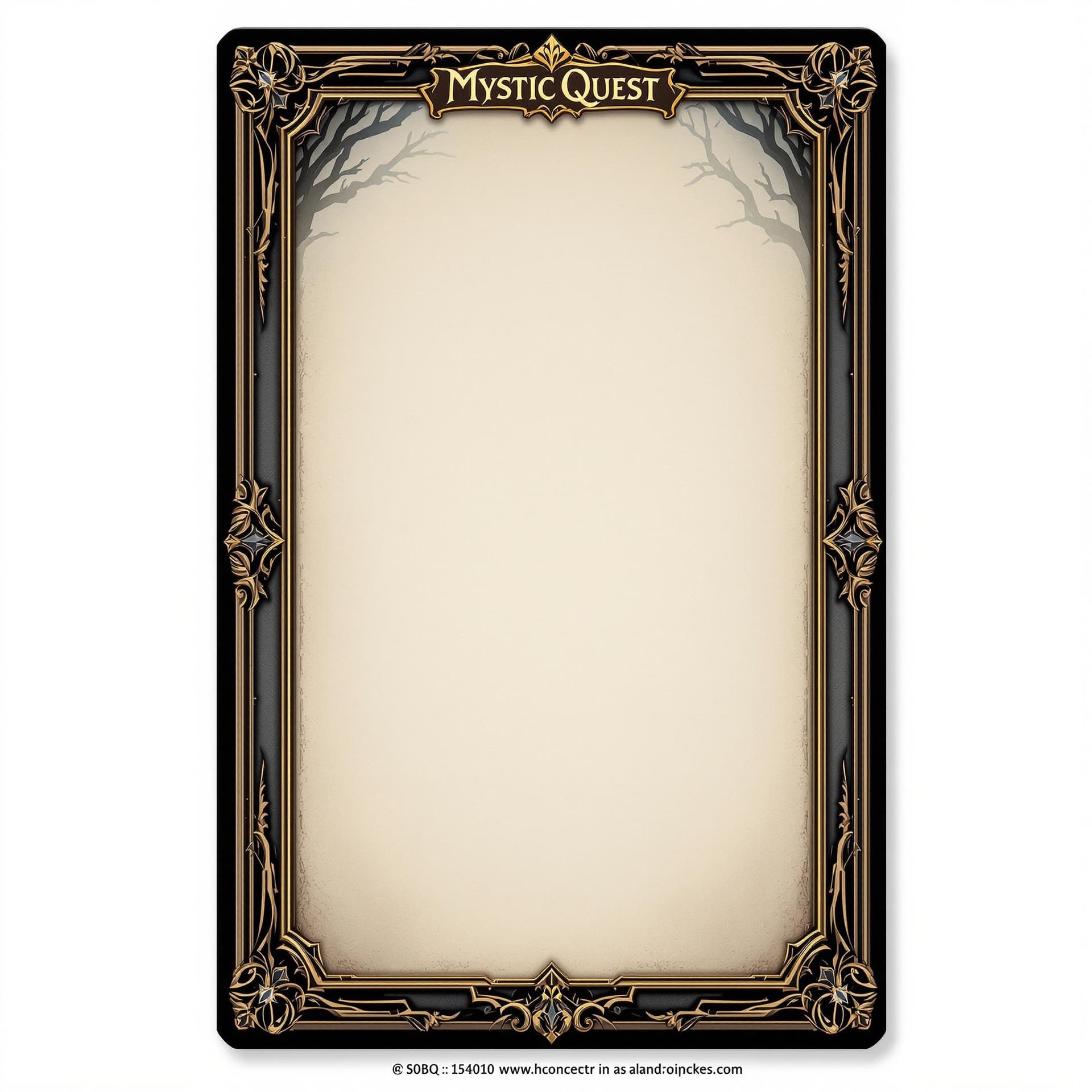 AI generated: "Create a concept art for a single, blank character card template for the board game 'Mystic Quest'....
