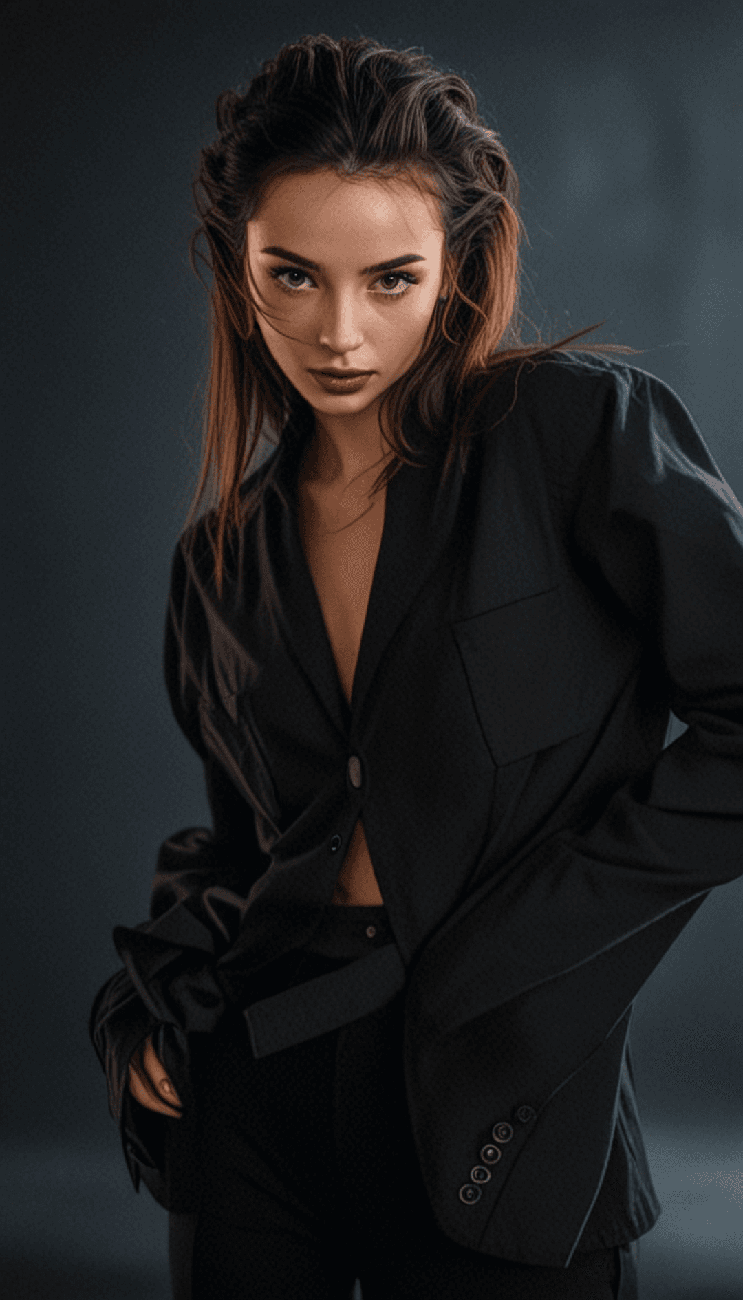 AI generated: A young woman stands confidently, leaning slightly forward with an intense gaze. She wears a black o...