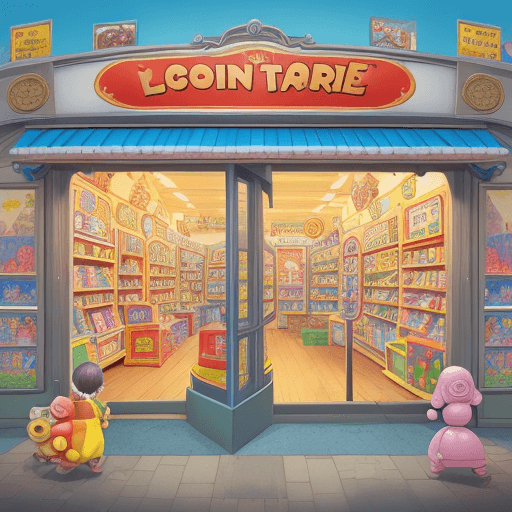 AI generated:  a picture for a children's book in which a coin looks at a toy store building
