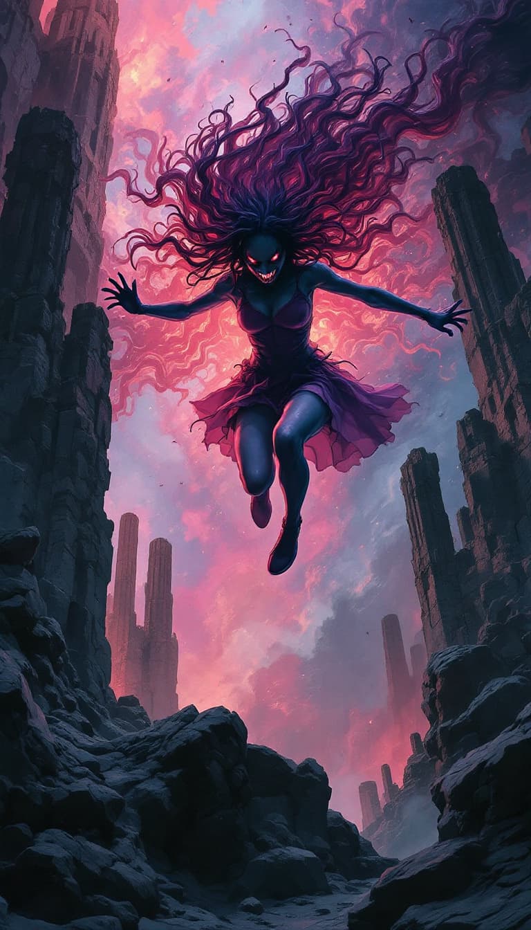 AI generated: the prime girl jump through the air with a junji ito artstyle, the backdrop is a horrific elder thin...